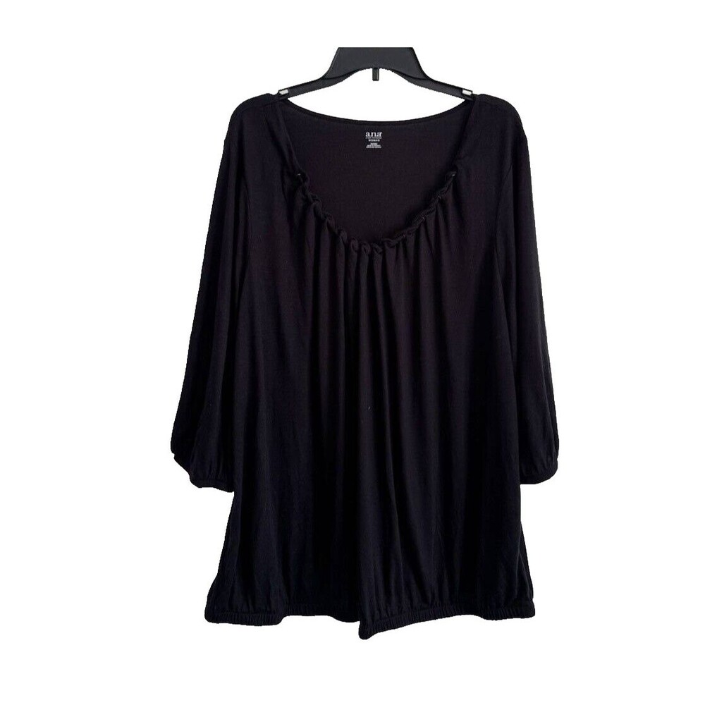 NWT a.n.a Womans Scoop Neck 3/4 Sleeve Elastic HemTop Black Size 3X